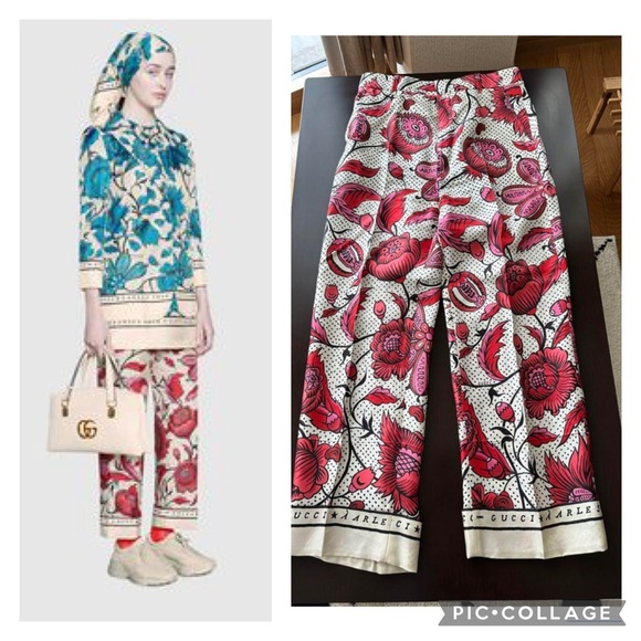 GUCCI silk twill floral watercolor pants trousers size 44 - Picture 1 of 16